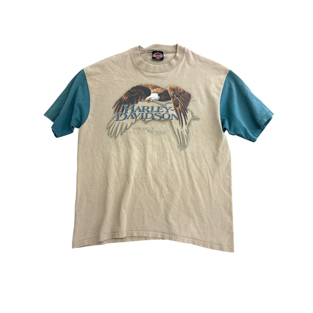 Vintage 1996‎ Harley Davidson Eagle T-Shirt XL Tan Teal Oklahoma City 15th Anniv